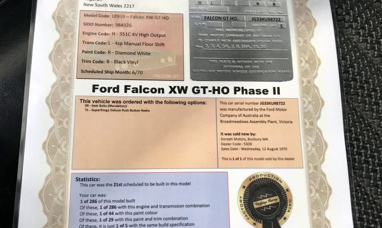 Ford Falcon XW GTHO Phase 2 Certificate | Muscle Car Warehouse